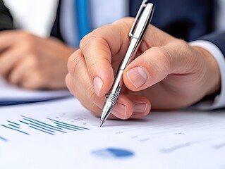 Poster - Close up of a Hand Writing with a Silver Pen on Financial Documents During a Business Meeting