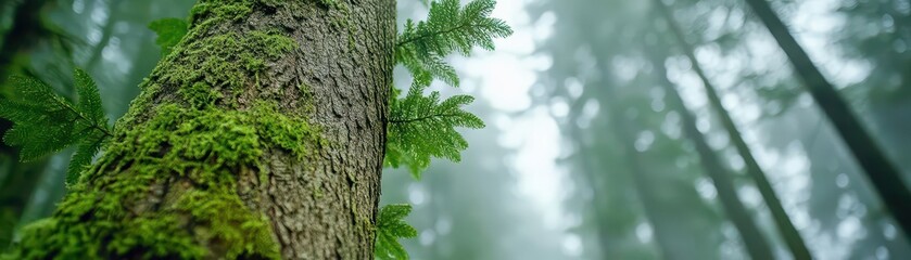 Poster - Close Up Moss Covered Tree Trunk in Misty Forest