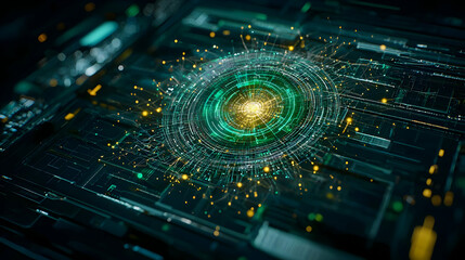 Abstract Digital Network Visualization with Glowing Green and Yellow Energy Core