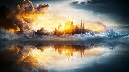 Poster - Ethereal cityscape sunrise digital painting fantasy environment serene reflection dreamlike vision