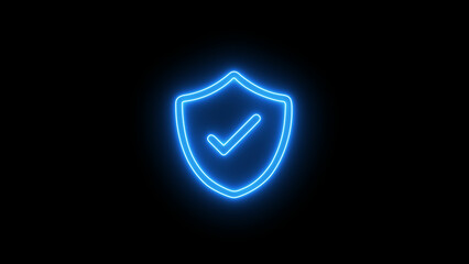Glowing Neon Glitch security shield with check mark icon. neon check mark icon on black background.