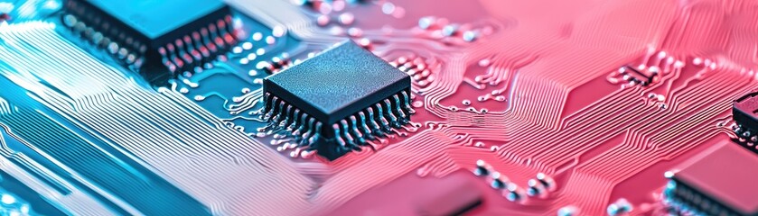 close-up of microchips on circuit board, tech background, website header