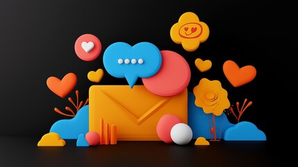 consumer trends social media concept. Colorful 3D message elements with an envelope and conversation bubbles on a dark background.