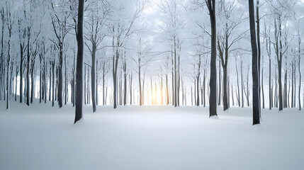Winter Forest Scene with Snow Covered Ground and Trees under Bright Sunlight
