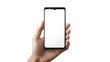 © Silmiart - Hand holding a modern smartphone with a blank screen, isolated on white. Perfect for app presentations or mobile technology advertisements.