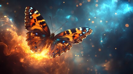 Wall Mural - Fantasy Butterfly Soaring Among Stars with Glowing Lights and Colorful Nebula