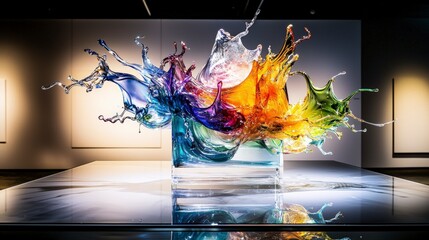 Aufkleber - Dynamic glass sculpture emanating colorful splashes in art gallery modern interior abstract art