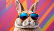 © Rama - A stylish bunny rocking sunglasses, set against a vibrant and eye-catching multicolored background. perfect for easter concept