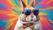 © Rama - A stylish bunny rocking sunglasses, set against a vibrant and eye-catching multicolored background. perfect for easter concept
