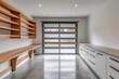 © BerkahStock - Modern garage interior with wooden shelving, a workspace, and frosted glass garage door.