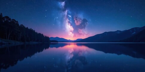 Starry night sky reflected in calm lake water, horizon, astrophotography, surface