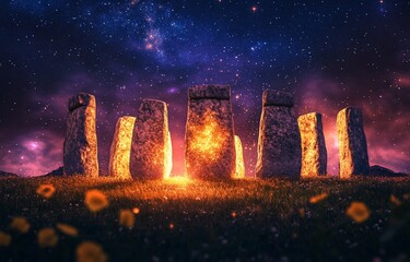 Wall Mural - mystical stone circle glowing at night under starry sky.