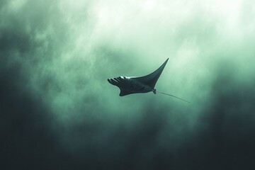 Wall Mural - majestic manta ray gracefully glides through murky ocean depths, sunlight filtering from above.