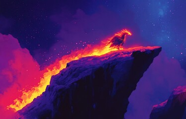 Wall Mural - fiery mythical creature on a volcanic peak under a starry sky.