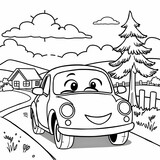 Cute Cartoon Car Smiling Face Cozy Cottage Pine Tree Grassy Landscape Black and White Drawing