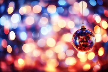 Aufkleber - Close-up view of a shiny disco ball showcasing intricate facets that reflect a rainbow of colors against a blurred, vibrant bokeh background creating a lively ambiance