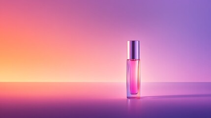 Poster - A clear cosmetic bottle is arranged elegantly against a soft, gradient background, emphasizing simplicity and minimalism with plenty of open space on one side