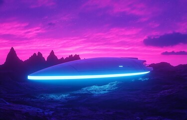 Wall Mural - futuristic spaceship landed on an alien planet at sunset.