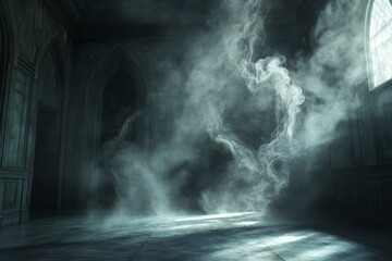 Wall Mural - Mysterious smoky interior of a gothic hall with arched doorways and stone floor.