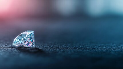 Poster - A single sparkling diamond rests on a black velvet surface, reflecting colorful light through its facets while creating a striking visual impact with empty space