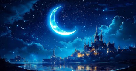 Wall Mural - Beautiful Reflection of Crescent Moon on Water.