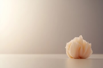 Poster - A single flower petal lies gracefully on a beige surface, showcasing intricate veins and features, with soft natural light enhancing the elegant composition