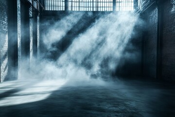 Wall Mural - Sunbeams illuminate a smoky, dark industrial warehouse interior with brick walls and barred windows.