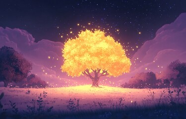 Wall Mural - glowing golden tree at night in a field with fireflies.