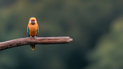 Aufkleber - Scarlet macaw sits gracefully on a natural wooden branch, watching directly at the camera surrounded by soft green foliage, creating a serene atmosphere