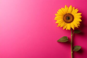 Leinwandbilder - Vibrant sunflower stands tall with yellow petals and green leaves on a soft pastel background, creating an inviting and fresh aesthetic with ample copy space