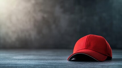 Leinwandbilder - Close-up shot of a red baseball cap on a gray background, illuminated by natural light that enhances the fabric's texture, perfect for casual fashion promotion