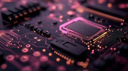 Leinwandbilder - Exploring a futuristic design featuring vibrant neon lines and geometric shapes, this composition highlights a close-up of a circuit board with striking contrasts