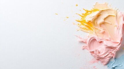 Leinwandbilder - Close-up captures dynamic splashes and swirls of blue, pink, and yellow paint on a white canvas, highlighting the creative process and allowing for design integration