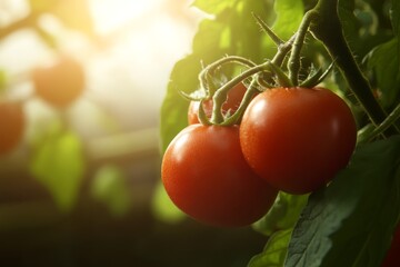 Aufkleber - A close-up view of a vibrant red tomato cluster hanging from green vines, illuminated by warm natural light in a greenhouse setting