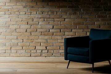 Poster - Close-up view of a weathered brick wall with exposed surfaces serves as a backdrop for a dark armchair, adding elegance to the rustic texture and ambiance