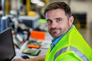 Leinwandbilder - Portrait of a Focused Male Worker in a Lime Green Vest at an Industrial Workplace