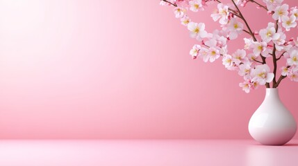 Poster - Close-up view of a pink decor featuring a minimalist arch, fresh flowers in vases on a sleek table, creating a serene and modern atmosphere in soft light