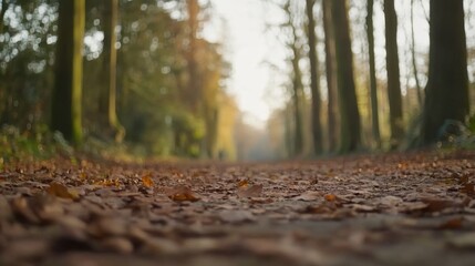 Poster - Autumn leaves drift softly to the ground along a tranquil forest path, where warm light passes through tall trees, creating a peaceful ambiance
