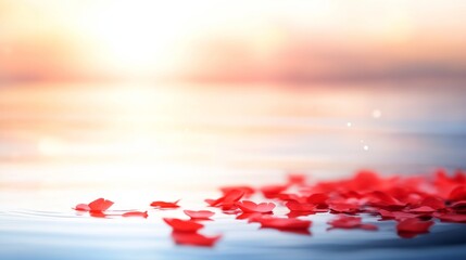 Poster - Soft red petals float gracefully on a calm pond, reflecting the warm colors of sunset, evoking a sense of tranquility and natural beauty in this serene setting