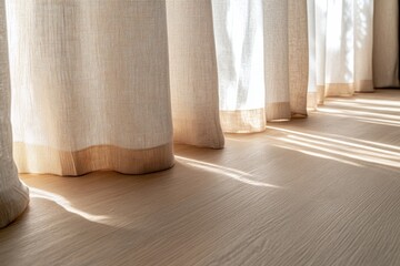 Aufkleber - Natural light streams through elegant linen curtains, casting soft shadows on the floor, creating a calm and inviting atmosphere in a minimalist living area