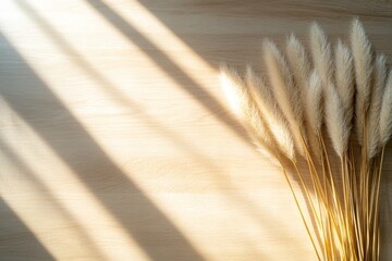 Poster - Neutral pampas grass and reeds are artfully arranged, bathed in gentle sunlight that casts soft shadows on a warm wall, evoking a serene Parisian vibe in the setting