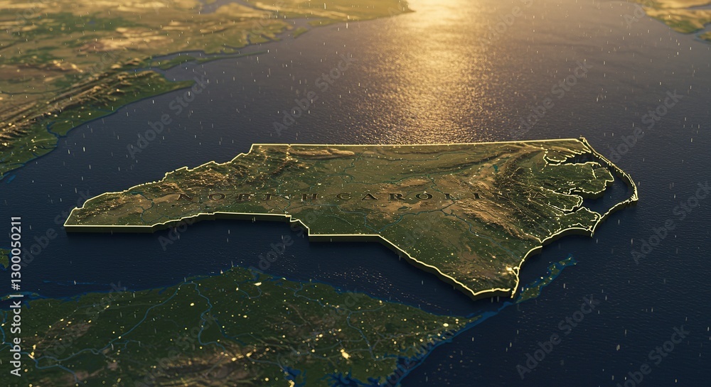 3d Map of North Carolina State Illuminated with City Lights and Details ...