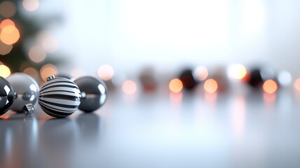 Aufkleber - Delicate arrangement of shiny spherical and striped Christmas ornaments on a reflective silver surface, illuminated with soft natural light for a festive ambiance