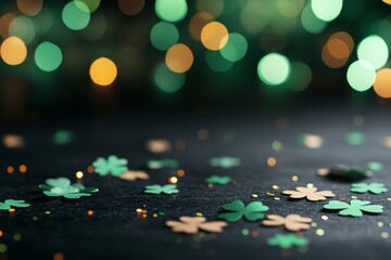 Aufkleber - Close-up of clover-shaped confetti scattered on a dark surface, complemented by a soft green bokeh background, creating a festive St Patricks Day ambiance