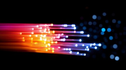 Fototapete - Glowing fiber optic cables swirl in a mesmerizing pattern, creating colorful light trails against a dark backdrop with ample copy space to the left