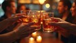 © Vadym - Glasses of whiskey in hands toasting. Celebrating friendly party at bar or restaurant. People clink glasses with alcohol beverage. Meeting of friends, business partners. Luxury lifestyle.