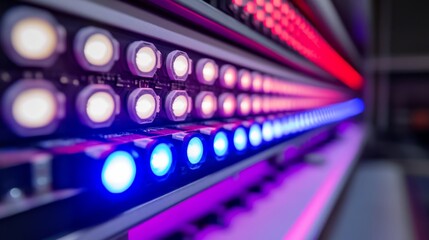 Poster - A detailed circuit board displays glowing LEDs in shades of red, blue, and purple, creating a striking visual impact with ample copy space to the right