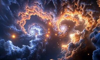 Wall Mural - vibrant blue crimson fractal clouds in dreamlike video moving through dark cosmic backdrop with ligh
