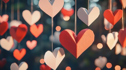 Poster - Red and White Paper Hearts Hanging Decor Romantic Valentine's Day Background