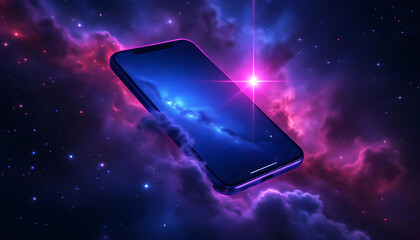 Wall Mural - phone floating in a cosmic nebula background